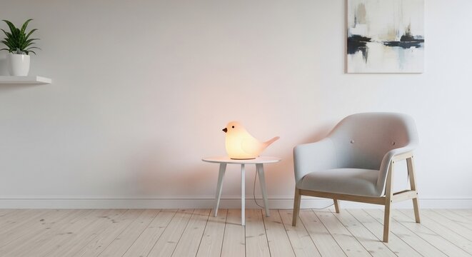 Modern interior with illuminated bird lamp