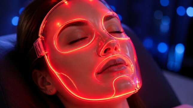 Close up of a woman undergoing a red LED light therapy facial treatment