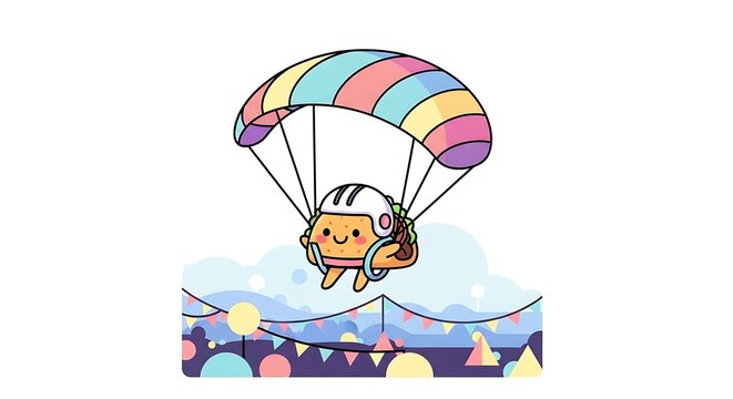 Whimsical illustration of a smiling food item with a helmet using a rainbow-colored parachute above a festive background