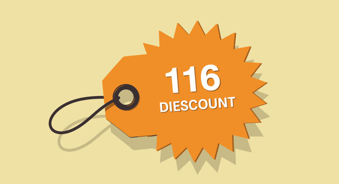 Orange starburst price tag with number 116 and 'DISCOUNT' text