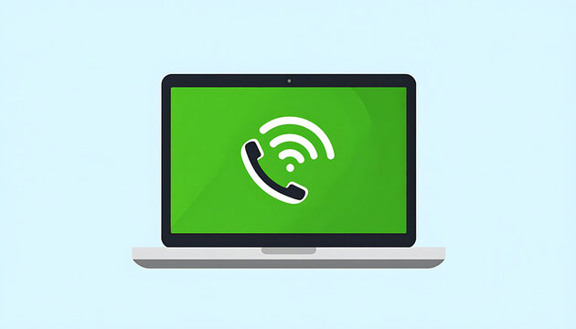 Laptop displaying a phone icon with signal waves, symbolizing communication and connectivity, ideal for tech support or online services