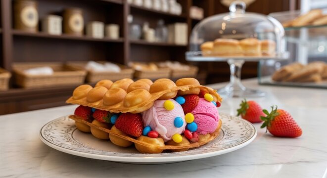 Delicious Bubble Waffle Dessert with Ice Cream and Strawberries.