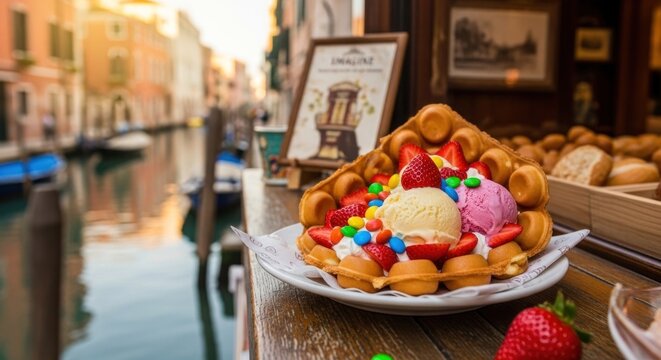 Delicious Bubble Waffle with Ice Cream and Fruits in Venice Canal Setting.