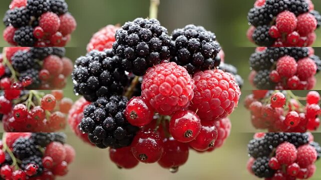 Closeup of a cluster of fresh blackberries raspberries and red currants.