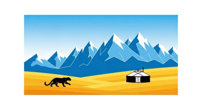 Snowy mountains with ger and animal.