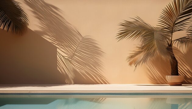 beige wall by pool with shadow from palm tree abstract background generative ai