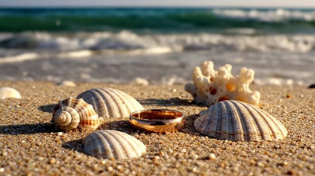 Seashells on sandy beach with ocean waves in background