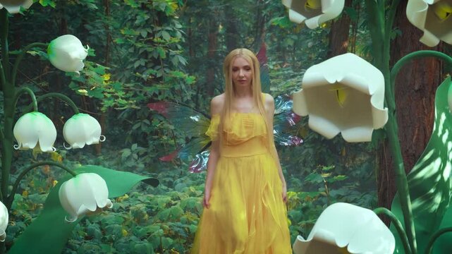 Fashion model posing fantasy woman fairy princess walking in green forest grass ivy touching big flowers white lilies of valley Scenery. Costume elf pixie wings yellow dress. Girl elf enjoys nature.