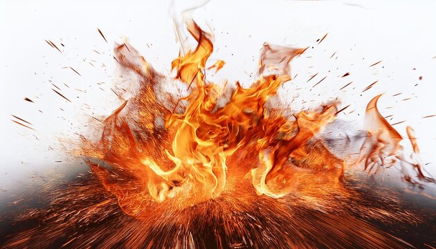 vibrant flames and sparks captured dynamically against a white backdrop radiating energy