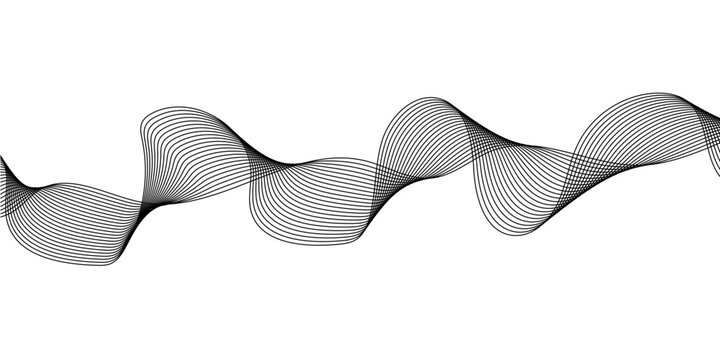 Abstract black wave lines vector background, modern geometric sinusoidal ribbon pattern, 3D oscillation design, sound light motion curve illustration
