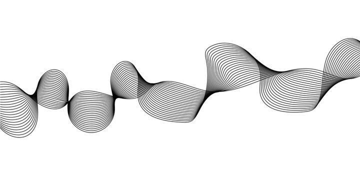 Abstract black wave lines vector background, modern geometric sinusoidal ribbon pattern, 3D oscillation design, sound light motion curve illustration