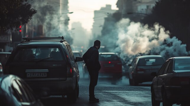 Concerned man standing next to his car in heavy traffic, observing thick exhaust smoke polluting the air, highlighting urban environmental challenges and vehicle emissions impact