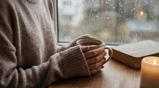 Sad lofi boy sitting by window on rainy night concept. Cozy moment by the window with a warm drink and candlelight.