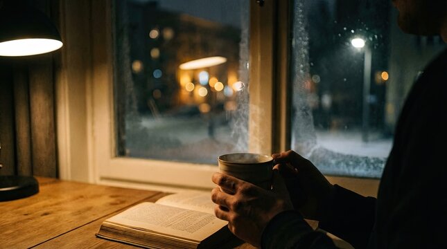 Sad lofi boy sitting by window on rainy night concept. Cozy night with a warm drink, reading by the window in winter.