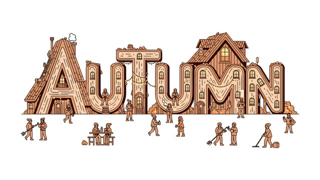 Autumn Alphabet Architecture: An imaginative illustration depicts the word AUTUMN formed by intricate, whimsical buildings, with tiny figures engaging in seasonal activities around them.