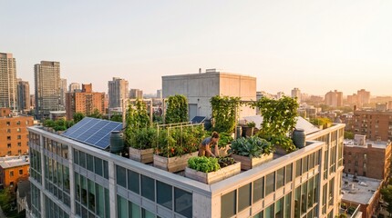 Obraz premium Wide Aerial View of Urban Rooftop Garden Across City Block for Sustainable Living