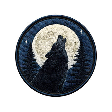 Detailed digital illustration of an embroidered cloth patch featuring a lone wolf howling at a full moon 