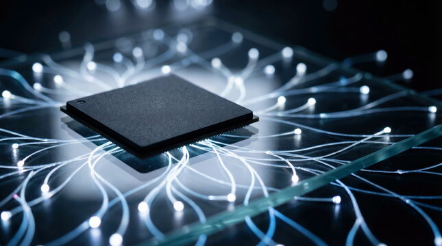 Microchip connected by glowing fiber optic lines on dark reflective surface, representing neural network processing.