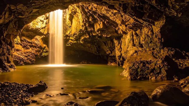 Serene Waterfall Inside a Cave with Golden Lighting.