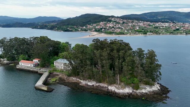 Aerial view of san simon island in the vigo estuary galicia