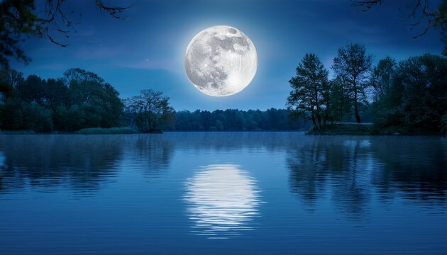 Serene Night Scene With Full Moon Over Calm Water
