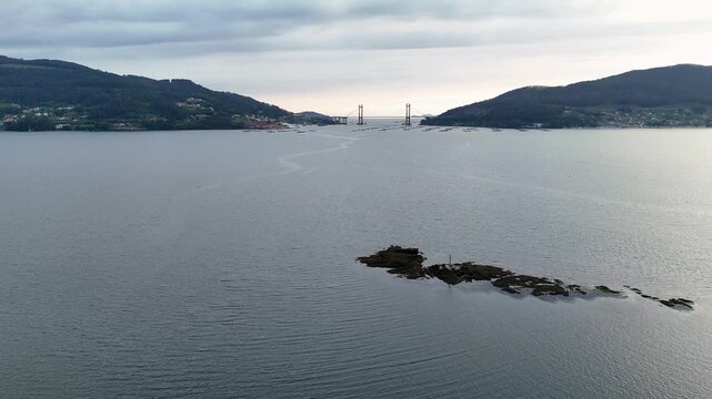 Aerial view of ria de vigo with rande bridge in galicia