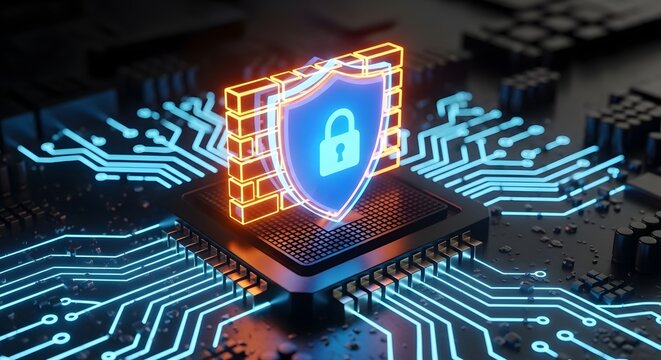 Cybersecurity firewall shield with lock icon on computer chip