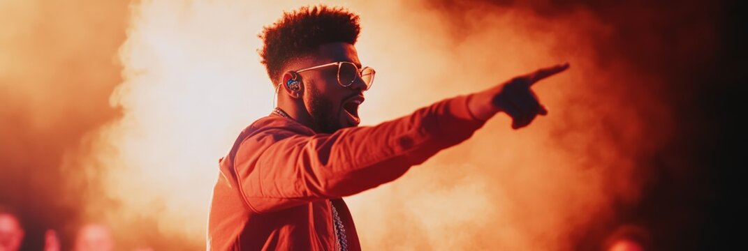 Energetic male singer wearing a red jacket and sunglasses performing live on a smoky stage, singing passionately and pointing towards the audience during a concert