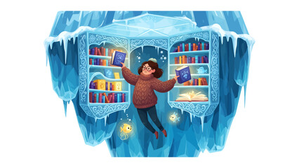 A Girl's Enchanted Winter Library: A young girl with a cozy sweater and glasses floats joyfully inside an ice cave, surrounded by bookshelves filled with books, holding two books in her hands. © Abu
