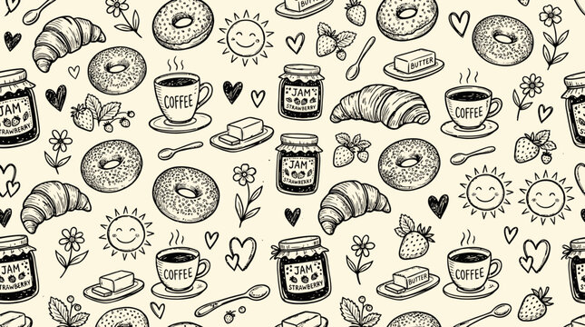 A vibrant Hand drawn pattern seamless background with various breakfast items and cute illustrations