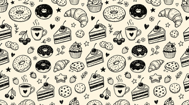 Hand drawn pattern of various food items and coffee cups on a beige background