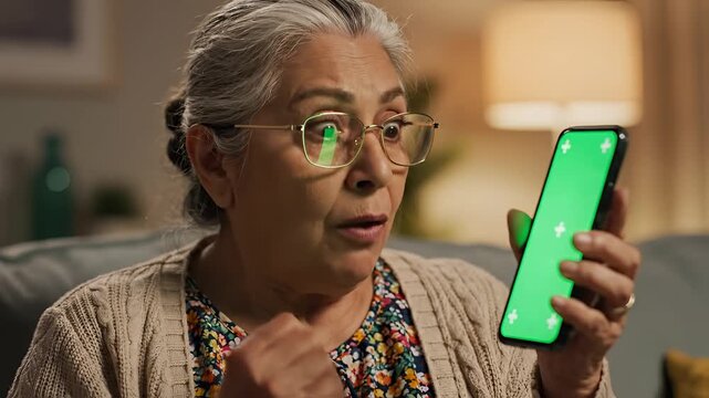 Elderly Woman Reacts with Shock and Surprise to Smartphone Screen.