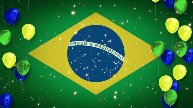 Looping 4K video. Brazilian flag. Celebrations, Events, Sports, Soccer, Football, Baseball.Background, Player introductions, Games Confetti, blue, yellow, green balloons. Video with copy space. Brazil