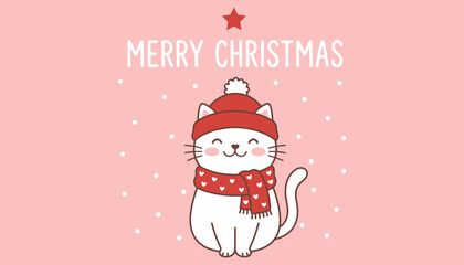 A white cat wearing a red hat and scarf on a pink christmas background with snowflakes and merry christmas text © firoz