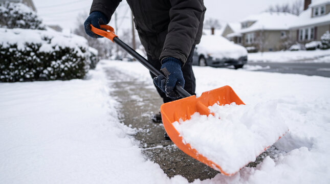 Close-up of a person's hands using an orange shovel to clear snow from a sidewalk on a residential street, seasonal winter street cleaning requiring physical effort