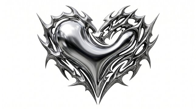 A premium 3D cyber-romantic element showcasing an asymmetrical liquid silver chrome heart framed by sharp, distressed metallic neo-tribal spikes. Isolated on a crisp solid white backdrop.