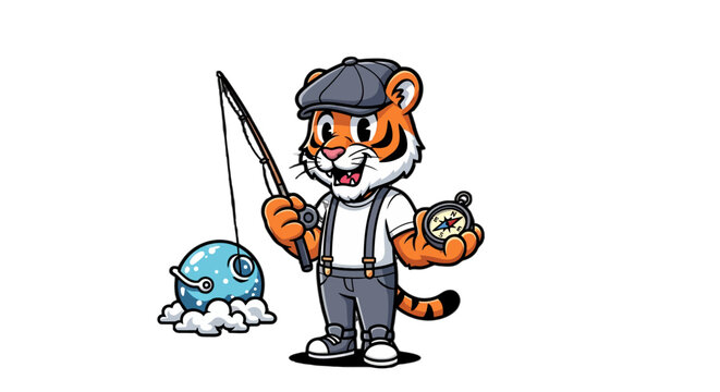 Cartoon Tiger Fishing with Rod and Smiling Happily Outdoors.