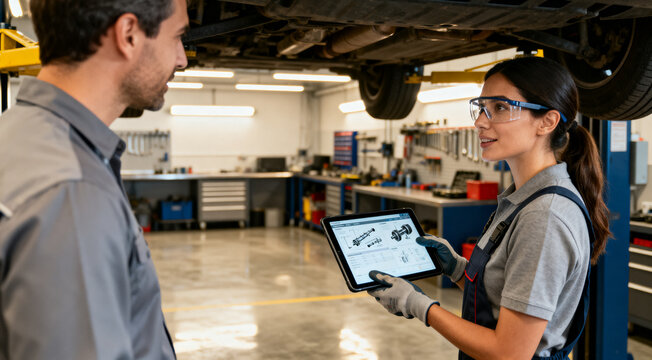 Woman mechanic using tablet while inspecting car in modern workshop