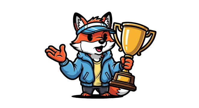 Cartoon Fox Holding Trophy Celebrating Victory Joyfully.