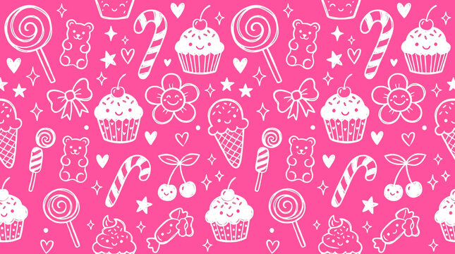 Hand drawn pattern of sweet treats and candies on pink background