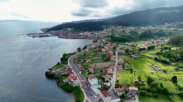 Aerial view flying over combarro fishing village in galicia spain