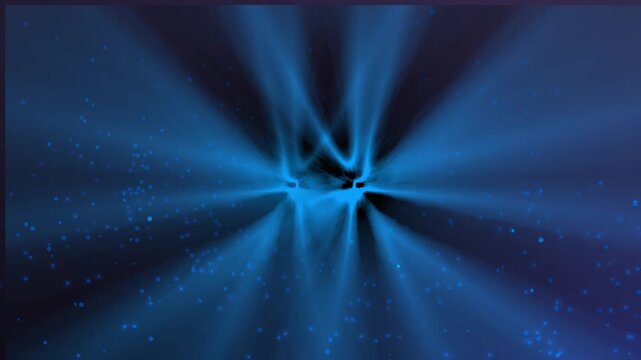 Blue light rays animation with glowing dust particles flashing from a dark center background