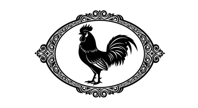 Black Rooster in Ornate Frame.