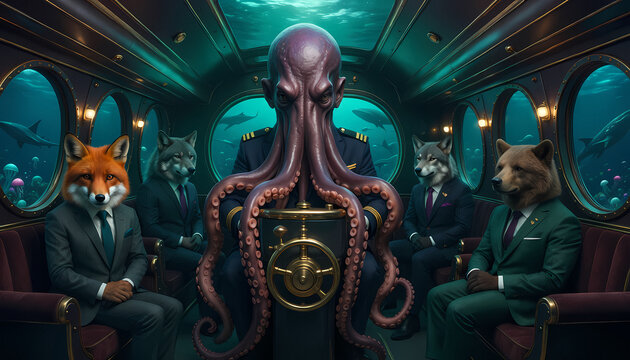 Surreal Animals Commuting in Luxury Submarine Piloted by Giant Octopus Captain