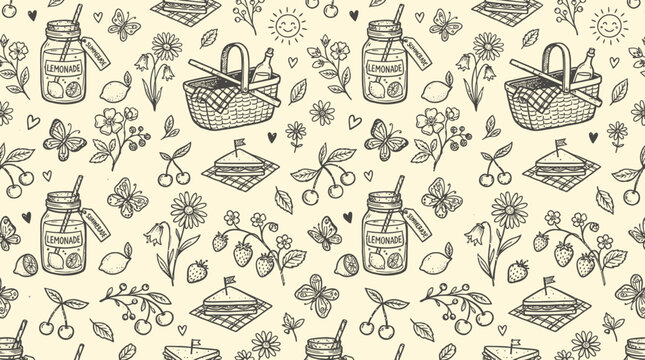 Hand drawn pattern featuring picnic baskets and flowers on cream background