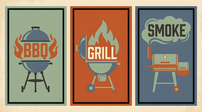 Vintage Retro BBQ Grill Smoke Party Retro Posters Collection