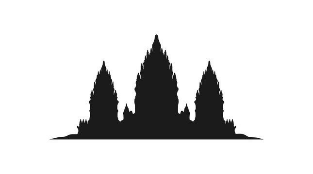 Silhouette of ancient temple complex against white background.