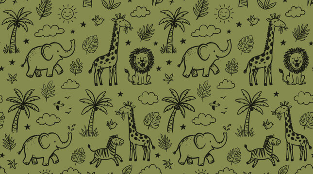 Hand drawn pattern of jungle animals and plants in a whimsical setting