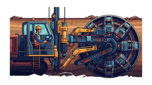 Tunnel Boring Machine in Action: A powerful tunnel boring machine, operated by a construction worker, excavates earth with its massive cutting wheel.