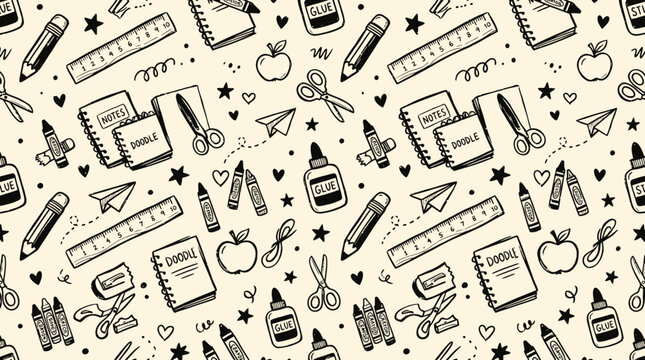 A hand drawn pattern of school supplies and stationery items fills the page.